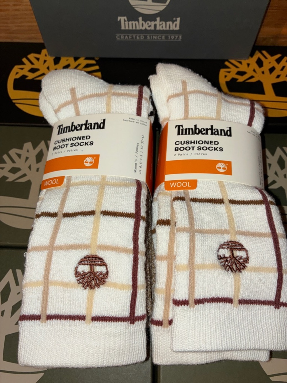 Timberland White Boot Socks with Brown and Tan Plaid